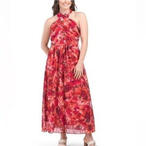 London Times Halter Neck Crossover Front Lined Maxi Dress Red Floral Size 16